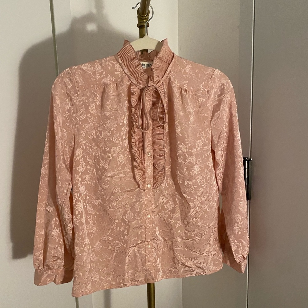 japanese vintage Pink floral blouse with ruffle neckline